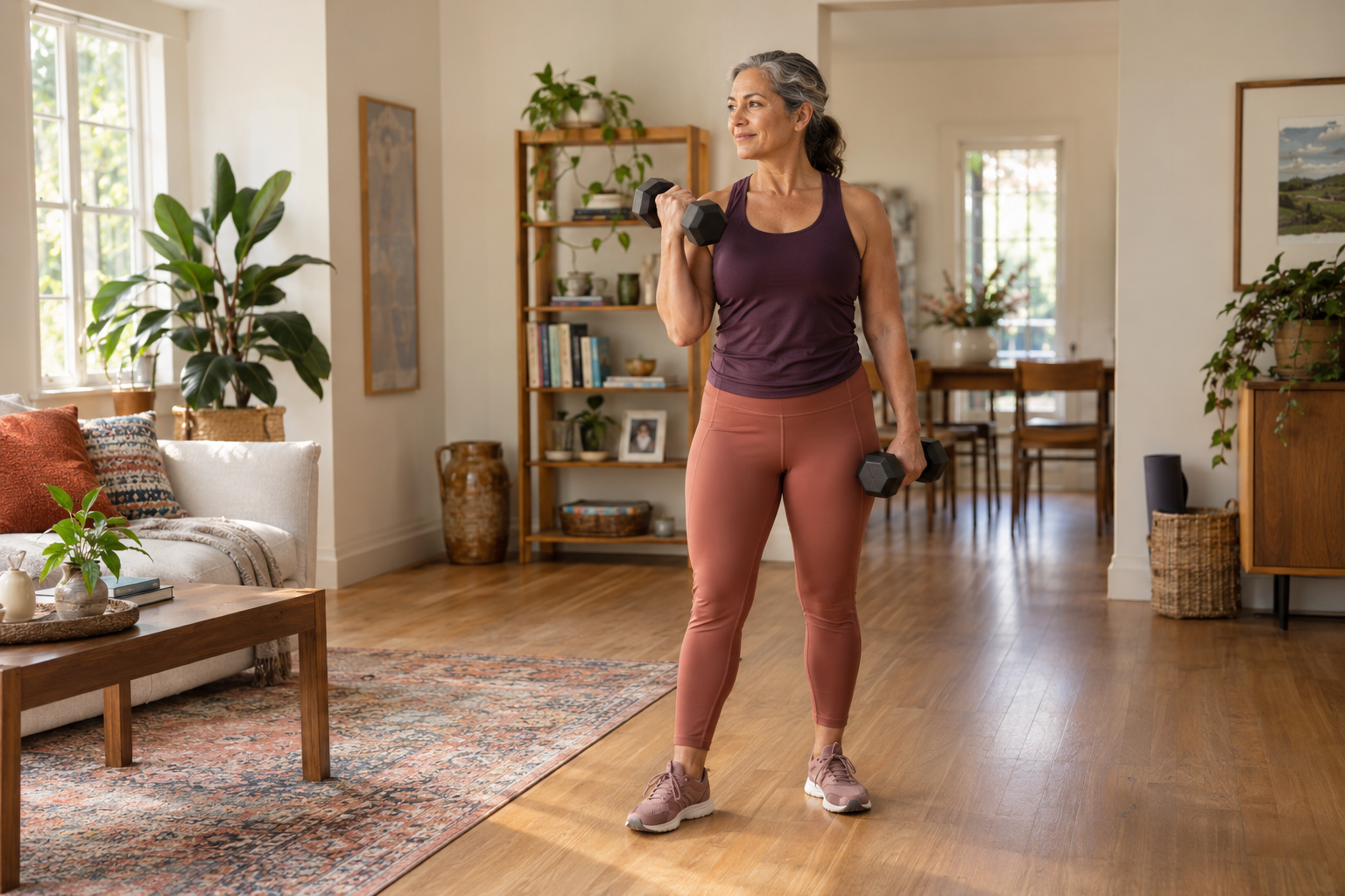 A woman lifting dumbbells in a bright home, wearing plum workout clothes